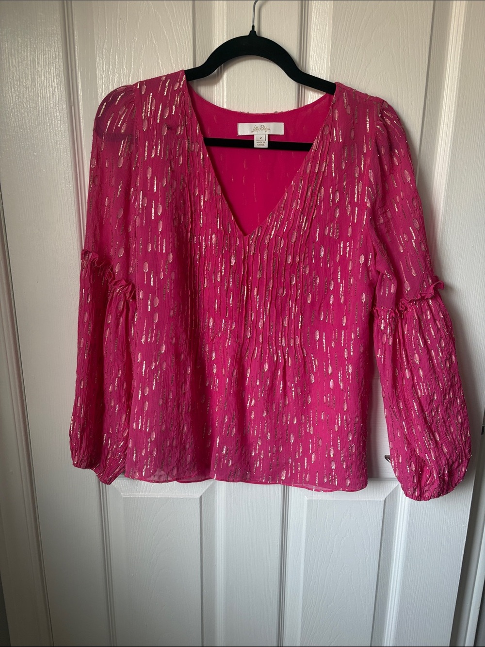 Lilly Pulitzer Fuchsia V-Neck Blouse with Metallic Dots